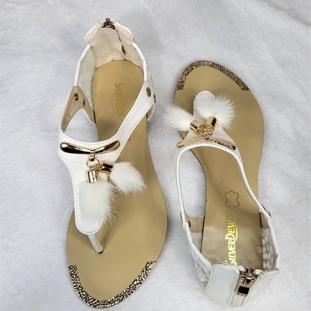 SilverDew White Summer Sandals Faux Fur Pom Poms - Picture 8 of 9